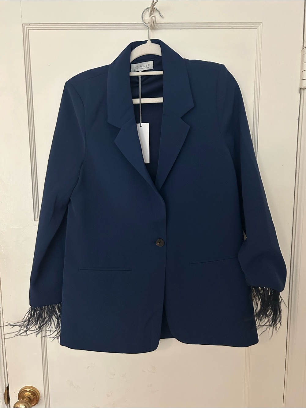Wayf Navy Blazer with Feather Sleeve Trim
